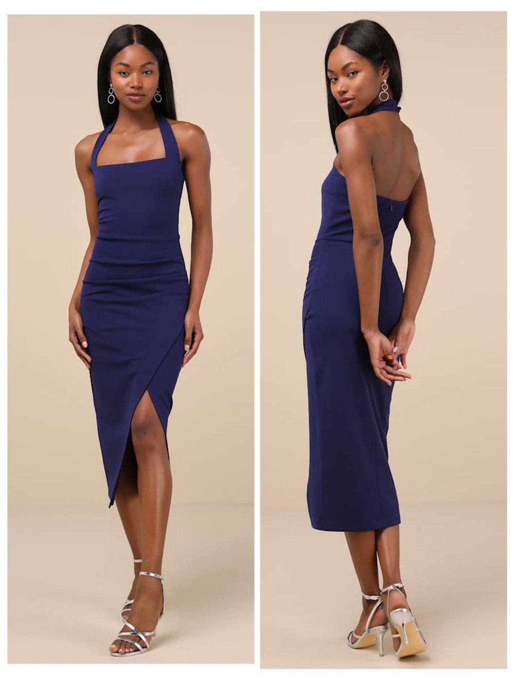 Lulus Prominent Charm Navy Halter Bodycon Tulip Midi Dress Size XL Cocktail